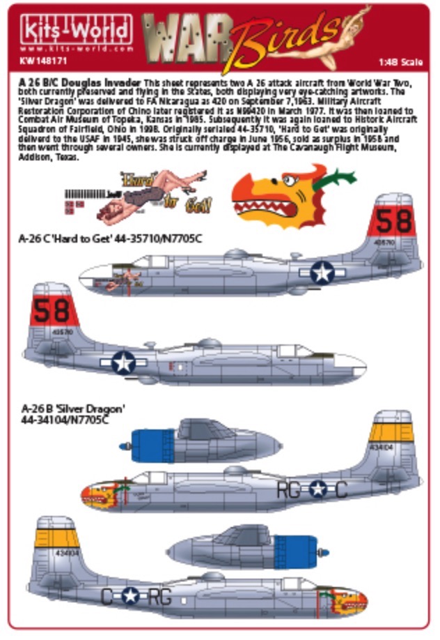 Kits World Decals 1/72 DOUGLAS A-26 INVADER Hard to Get & Silver Dragon 