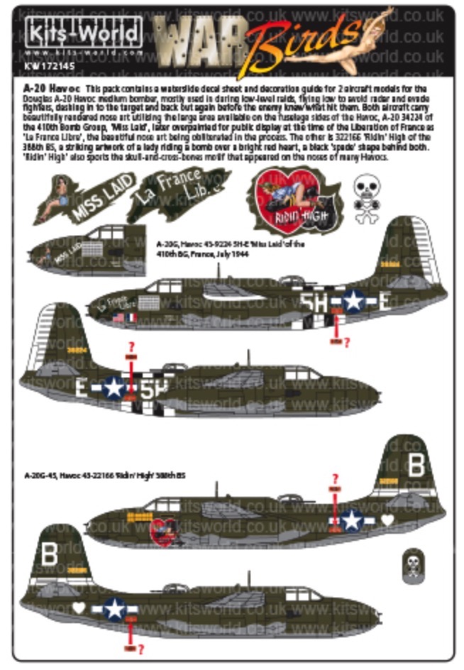 Kits World Decals 1//72 DOUGLAS A-20 HAVOC Little Chief /& Miss Possum